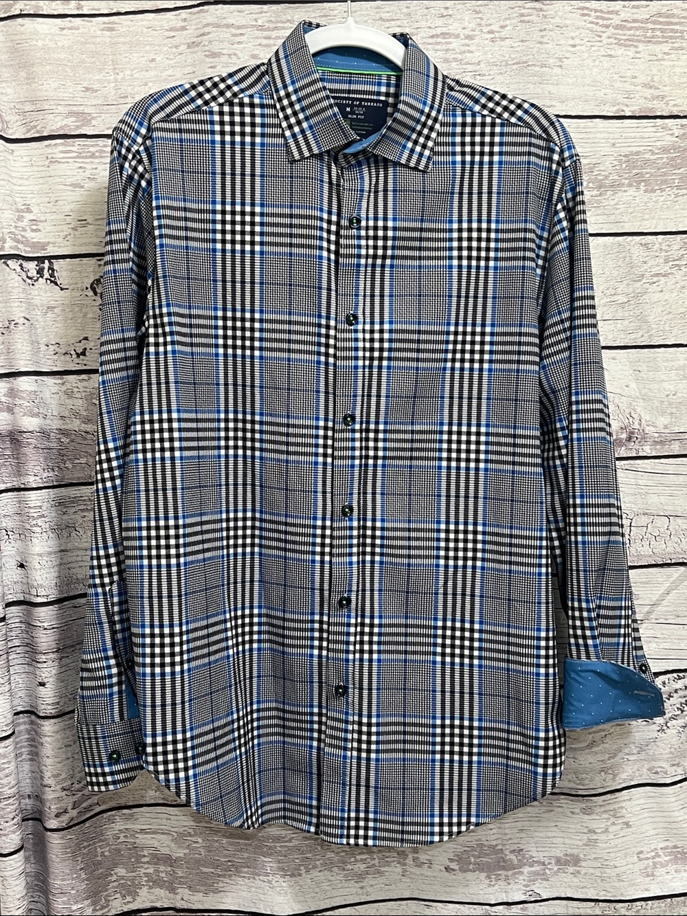 Men's Society of Threads Blue and Black Plaid Shirt - size M EUC